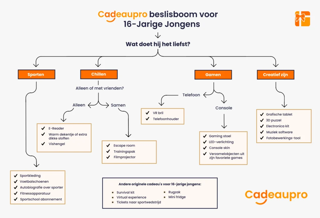 cadeau beslisboom waarbij je cadeaus vindt voor jongens van 16 jaar