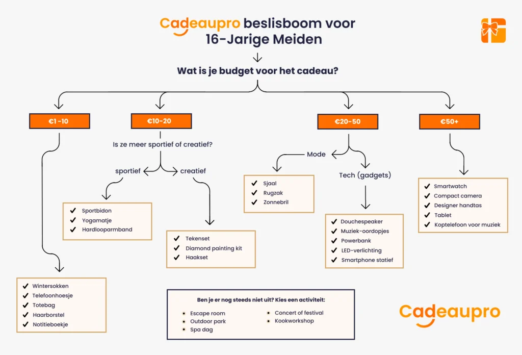 Beslisboom voor een cadeau voor meiden van 16 jaar