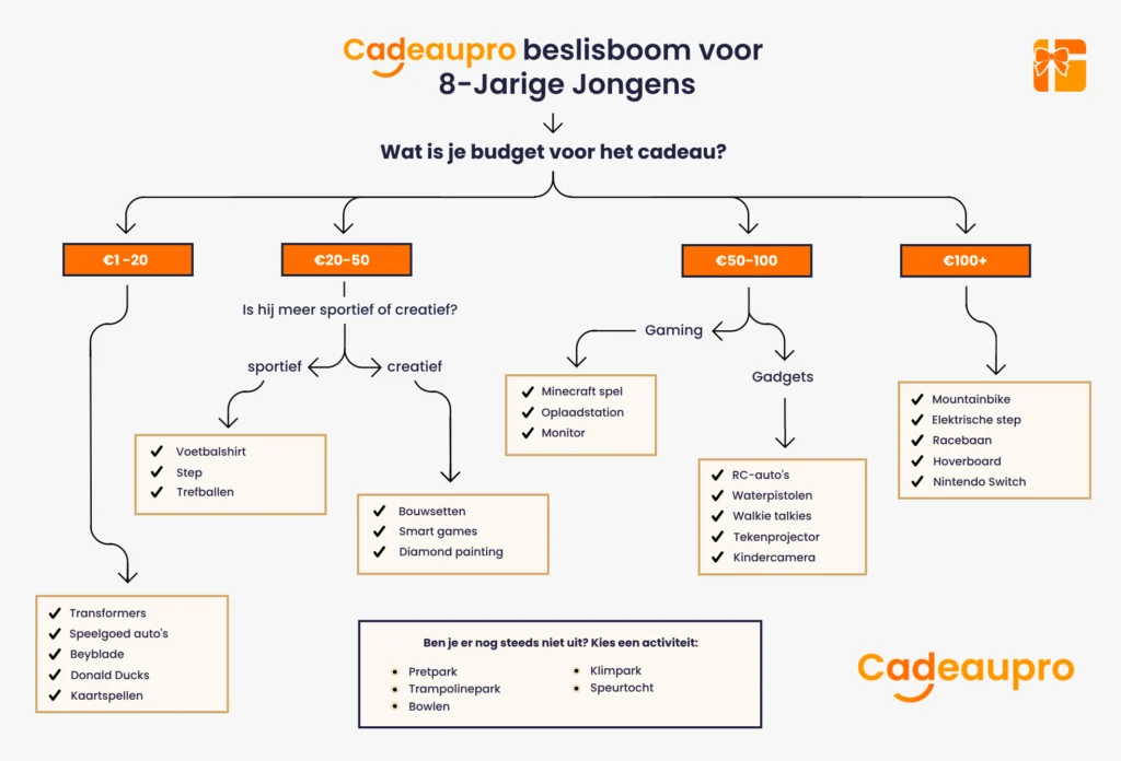 Beslisboom voor het vinden van een cadeau voor 8-jarige jongens, gebaseerd op jouw budget en zijn hobby's